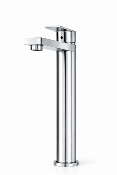 Modern tall brushed nickel bathroom vessel faucet with single-handle lever on white background.