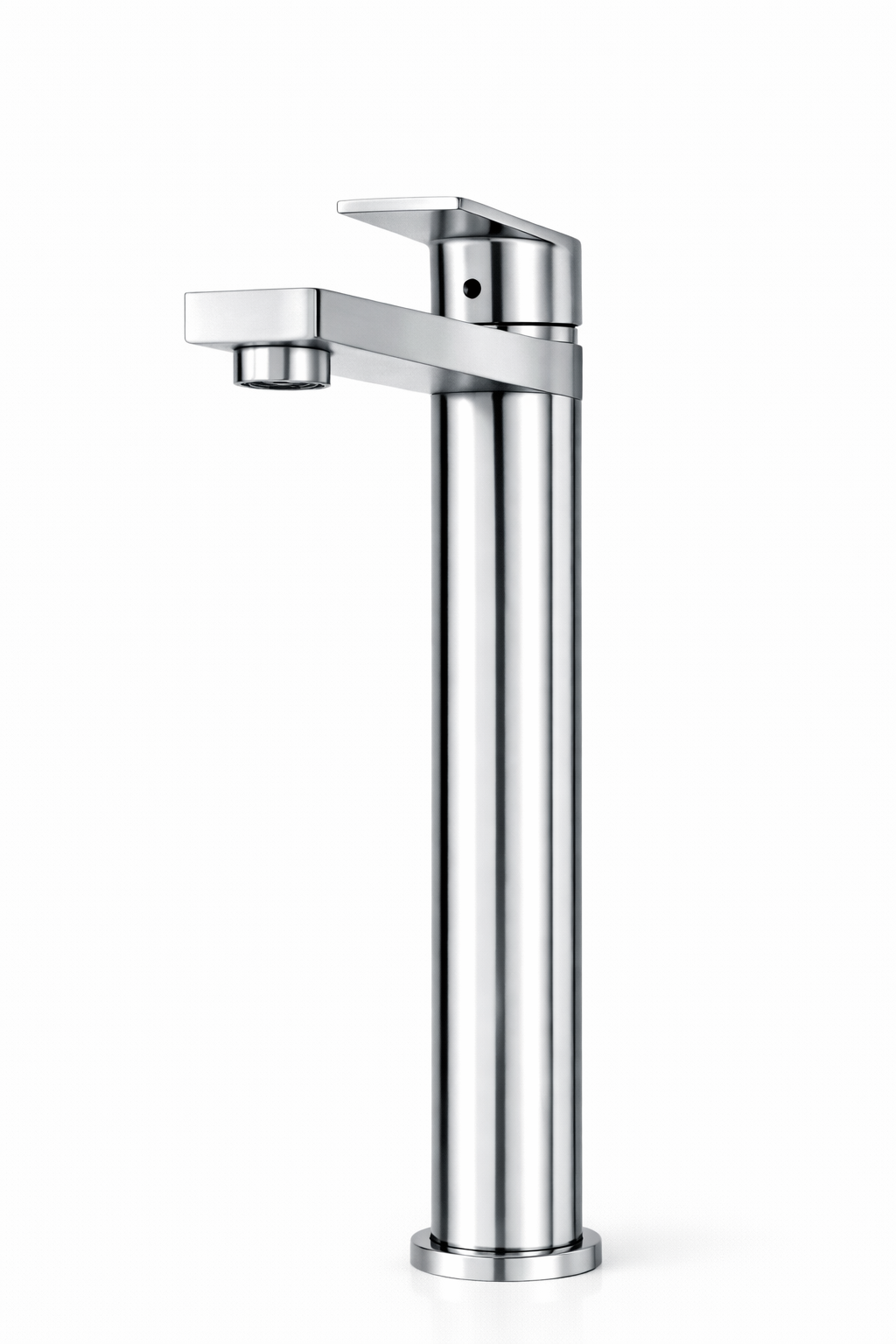 Modern tall single-handle bathroom vessel sink faucet in polished chrome.
