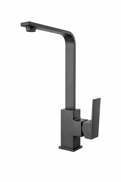 Modern matte black kitchen faucet with high square spout and single-handle lever.