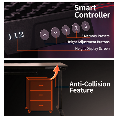 K1 Electric Standing Desk smart controller with height display '112', 3 presets, adjust buttons & anti-collision feature with cabinet.