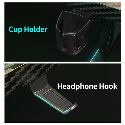 Cup holder and headphone hook accessories mounted under the gaming desk for added convenience.