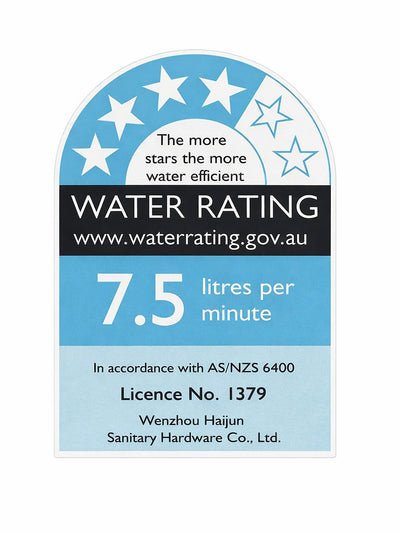 WELS water rating label with 4 stars, 7.5 litres per minute, blue and white design for sanitary hardware products.