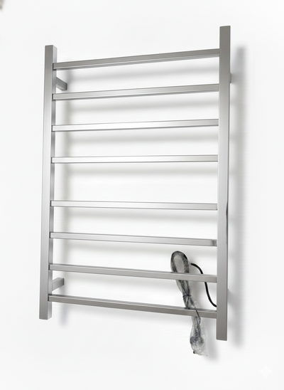 Wall-mounted brushed stainless steel electric heated towel rack with 9 square rungs for modern bathrooms.