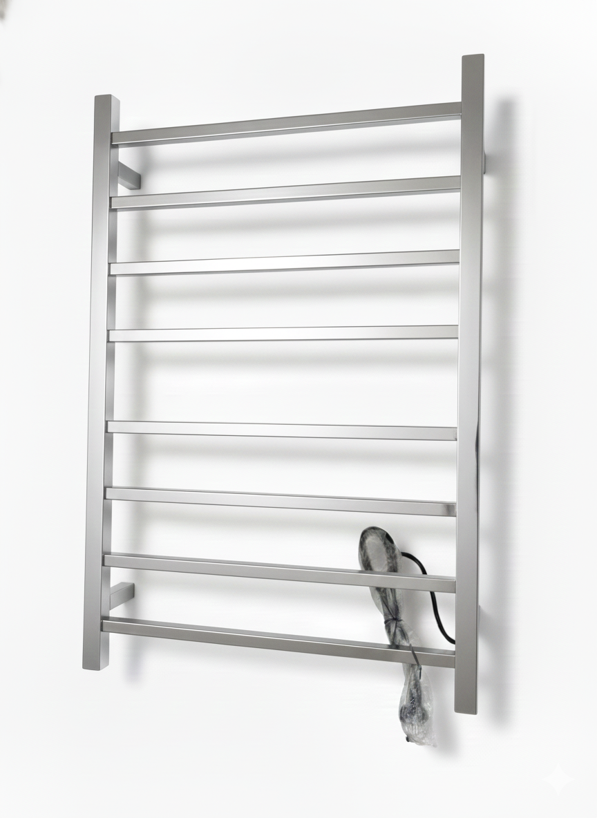 Wall-mounted brushed stainless steel electric heated towel rack with 9 square rungs for modern bathrooms.