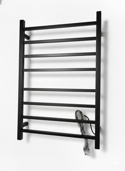 Matte black wall-mounted electric heated towel rack with 10 square bars for bathroom.