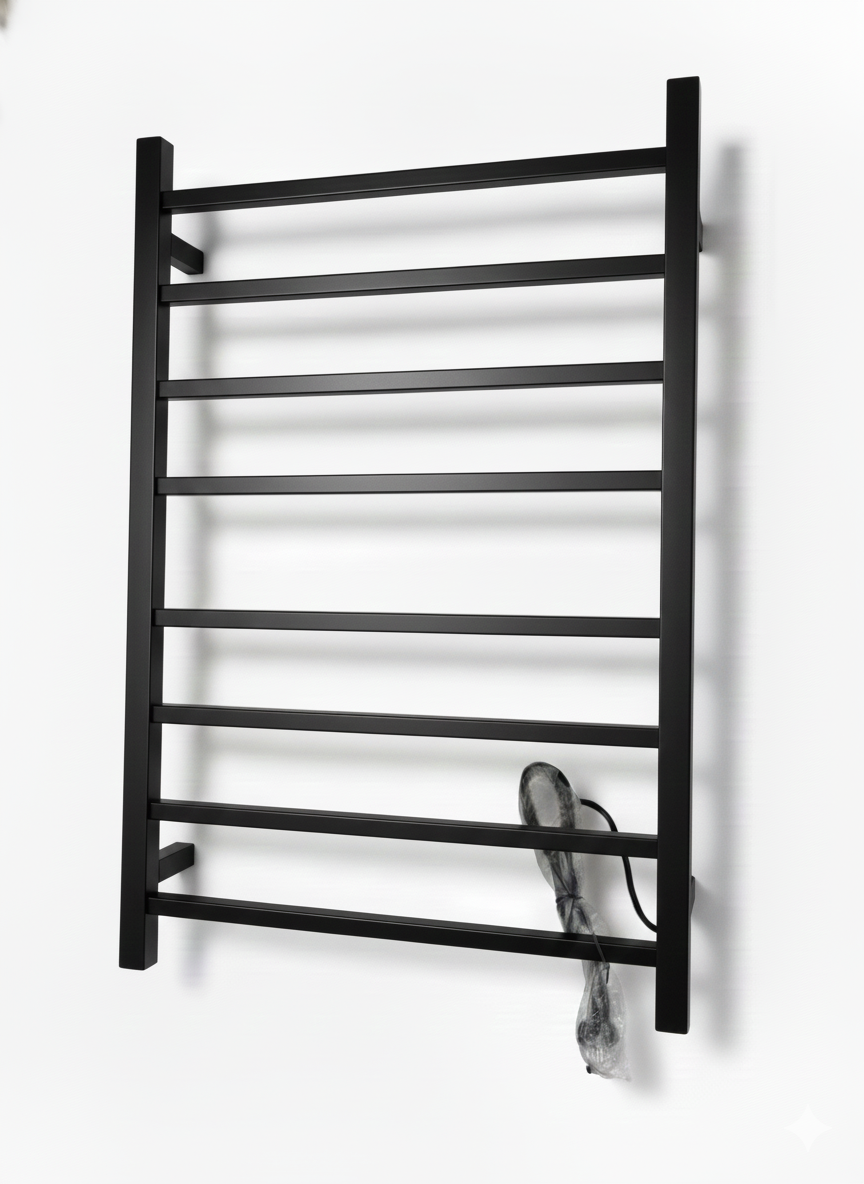 Matte black wall-mounted electric heated towel rack with 10 square bars for bathroom.