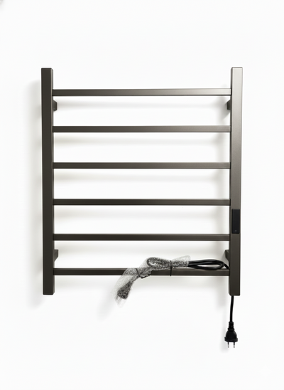 Modern matte black wall-mounted electric towel warmer with 7 bars and plug-in power cord.