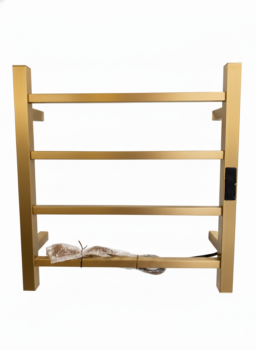 Brushed gold 4-bar electric heated towel rack with square bars, wall-mounted modern bathroom towel warmer.