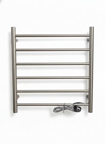 Brushed nickel electric wall-mounted heated towel rack with 7 bars for bathroom.