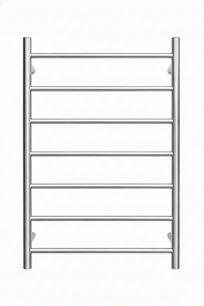 Polished chrome 8-bar wall-mounted heated towel rail rack for bathroom.