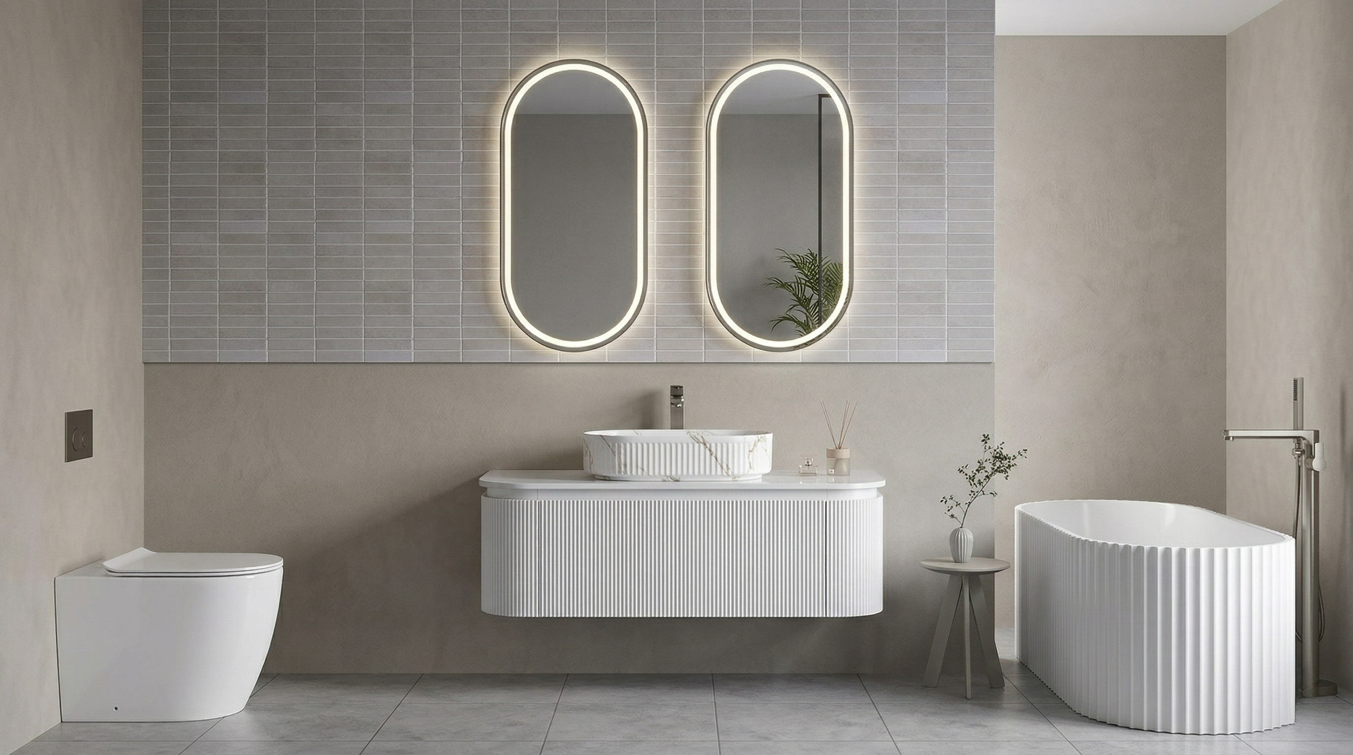 Modern white bathroom with fluted vanity, marble vessel basin, twin LED mirrors and freestanding bath