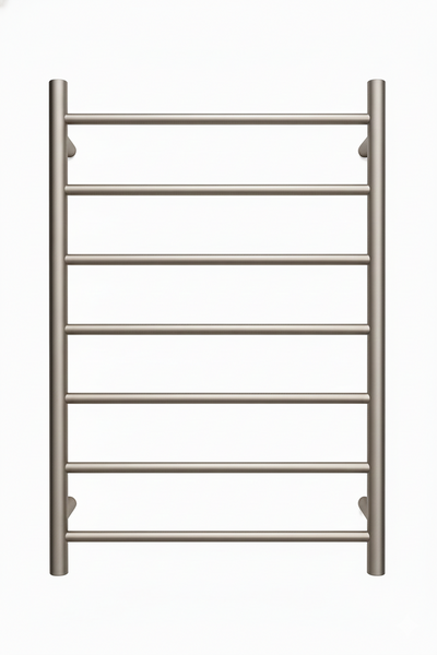 Brushed nickel 7-bar heated towel rack, wall-mounted ladder design isolated on white background.