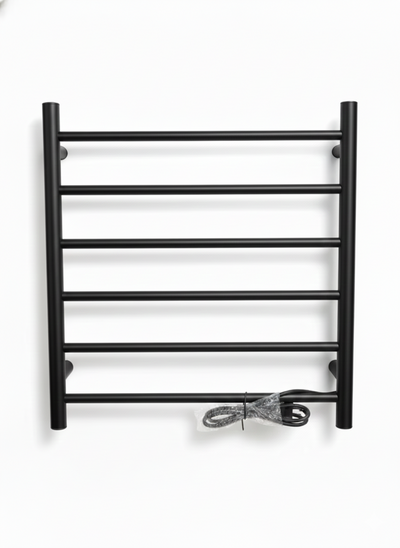 Sleek matte black 7-bar wall-mounted heated towel rail with plug-in power cord.