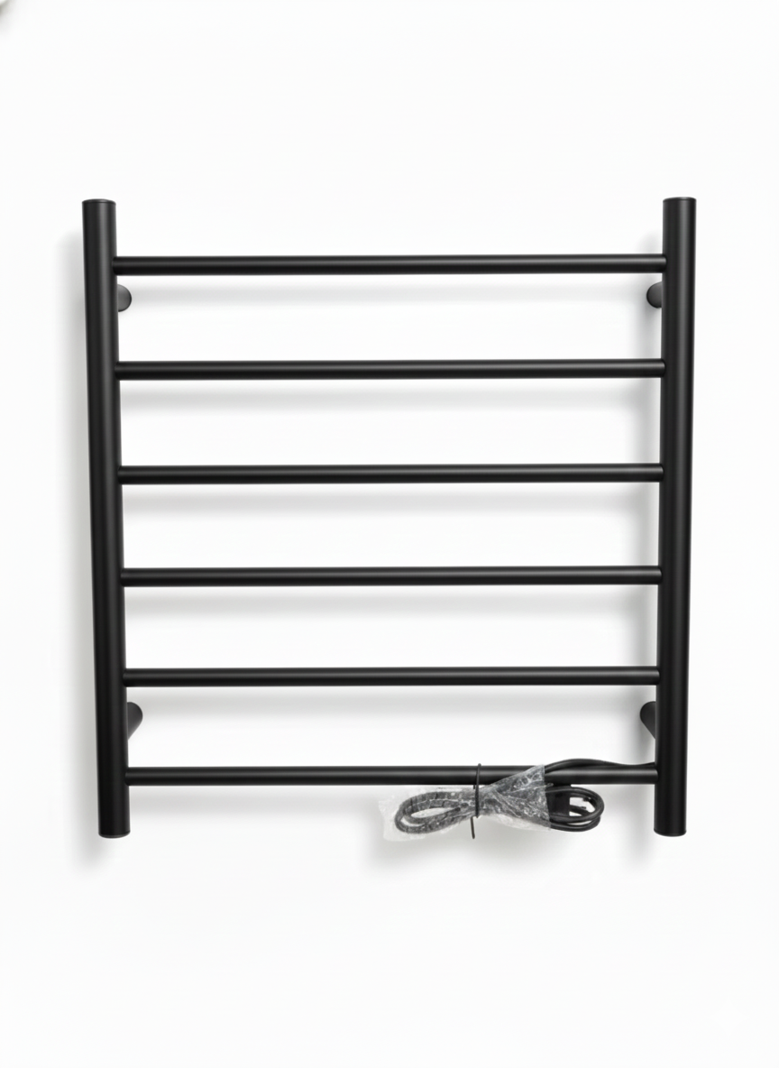 Sleek matte black 7-bar wall-mounted heated towel rail with plug-in power cord.