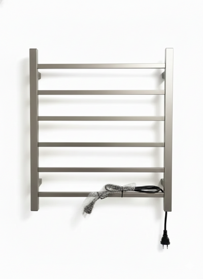 Wall-mounted brushed nickel electric towel warmer rack with 7 square bars and a plug-in power cord.