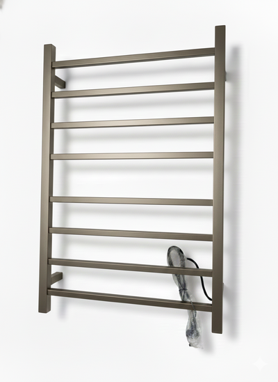 Wall-mounted electric heated towel rack with 10 square bars in a brushed bronze finish.