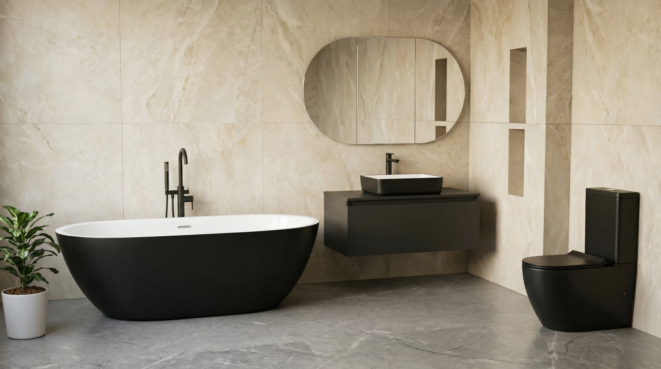 Matte black freestanding bath with wall-hung vanity and toilet against marble tiles — Liland bathroom collection
