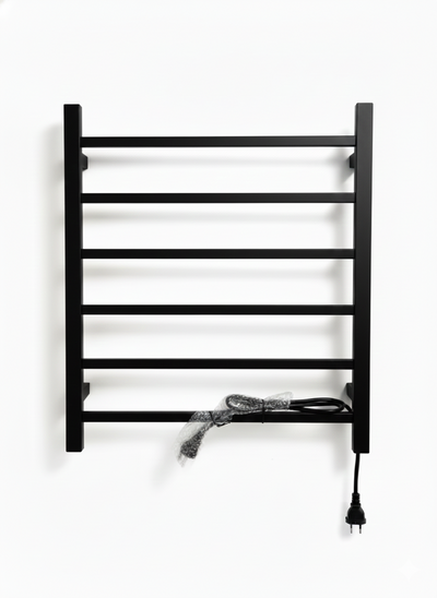 Matte black 7-bar electric heated towel rack, wall-mounted square bathroom towel warmer with plug.