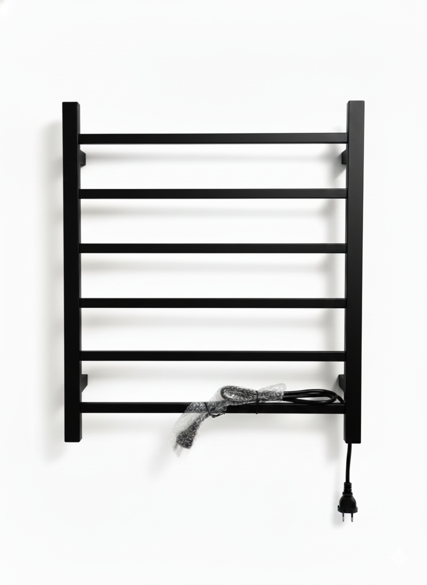 Matte black 7-bar electric heated towel rack, wall-mounted square bathroom towel warmer with plug.