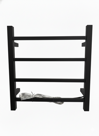 Matte black wall-mounted heated towel rack with 4 square bars, modern electric bathroom towel warmer.