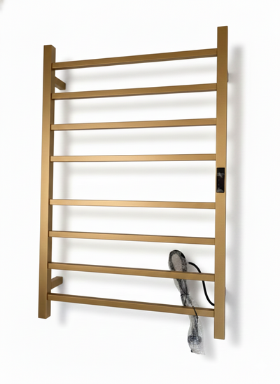 Brushed gold electric 10-bar heated towel rack with square bars, wall-mounted bathroom towel warmer with digital timer.