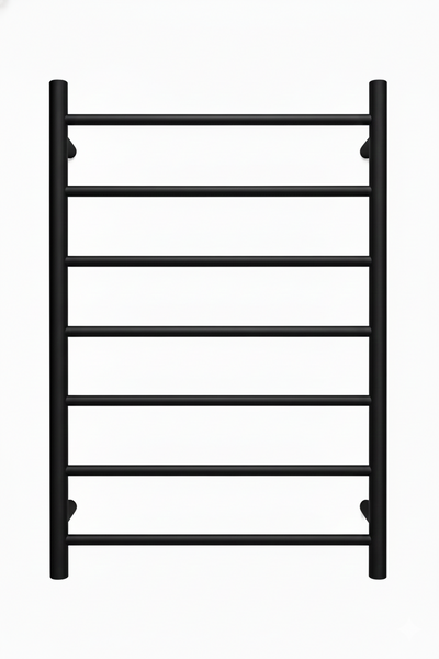 Matte black 8-bar wall-mounted heated towel rack for modern bathroom towel warming and drying.