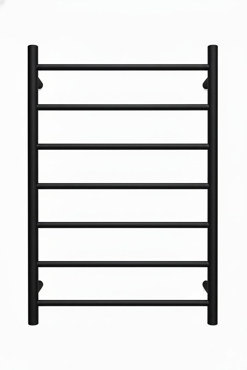 Matte black 8-bar wall-mounted heated towel rack for modern bathroom towel warming and drying.