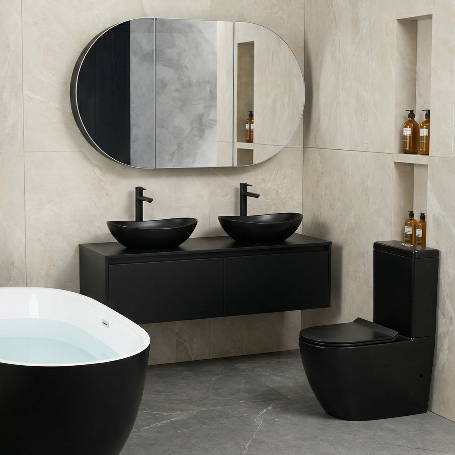 Noir Matte Black Bathroom Suite | Freestanding Bathtub, Basin, Mirror, Toilet & Mixer Set