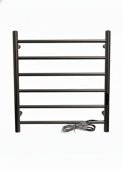 Oil-rubbed bronze wall-mounted electric heated towel warmer rack with 6 horizontal bars.