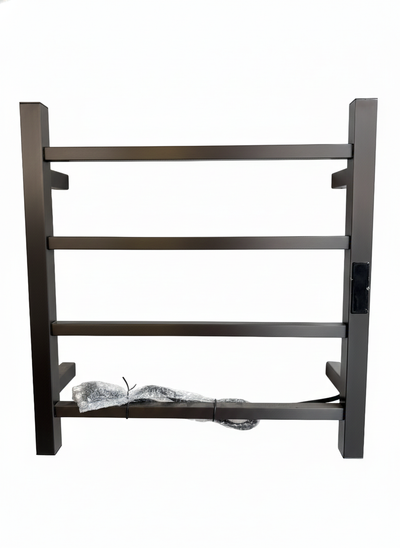 Oil-rubbed bronze 4-bar electric heated towel rack, square wall-mounted bathroom towel warmer with plug-in cord.