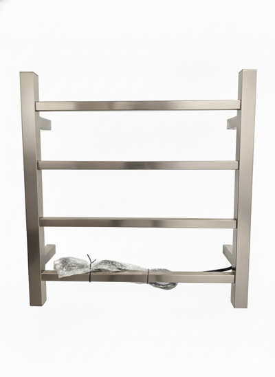 Wall-mounted brushed nickel electric heated towel rack with 4 square bars for modern bathrooms.