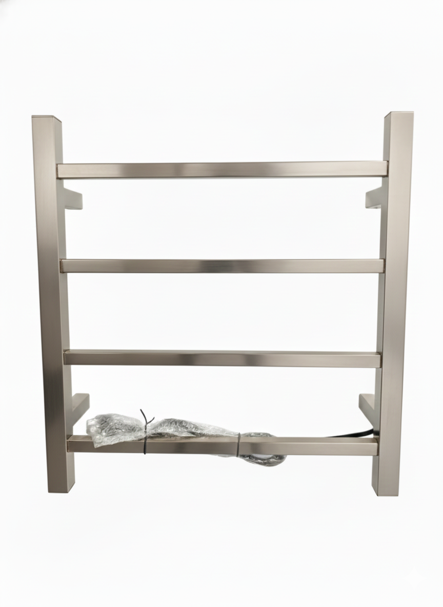 Wall-mounted brushed nickel electric heated towel rack with 4 square bars for modern bathrooms.