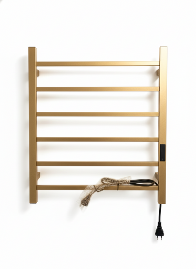 Modern brushed gold wall-mounted electric heated towel rack with 7 square bars and power plug.