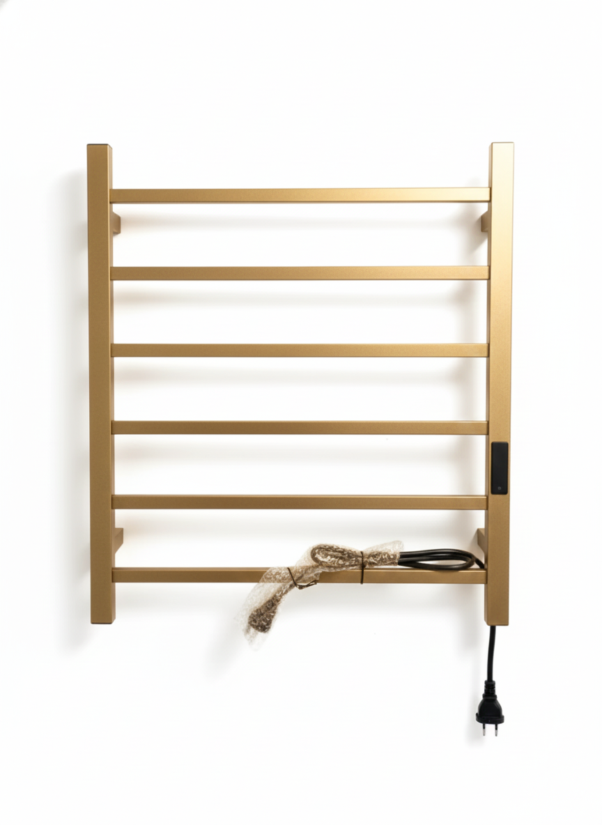 Modern brushed gold wall-mounted electric heated towel rack with 7 square bars and power plug.