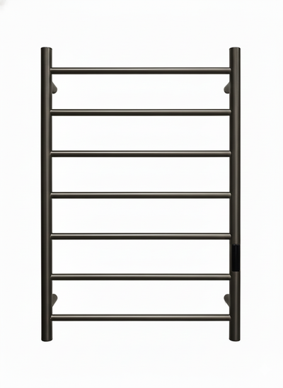 Wall-mounted 7-bar electric heated towel rack in oil-rubbed bronze finish.