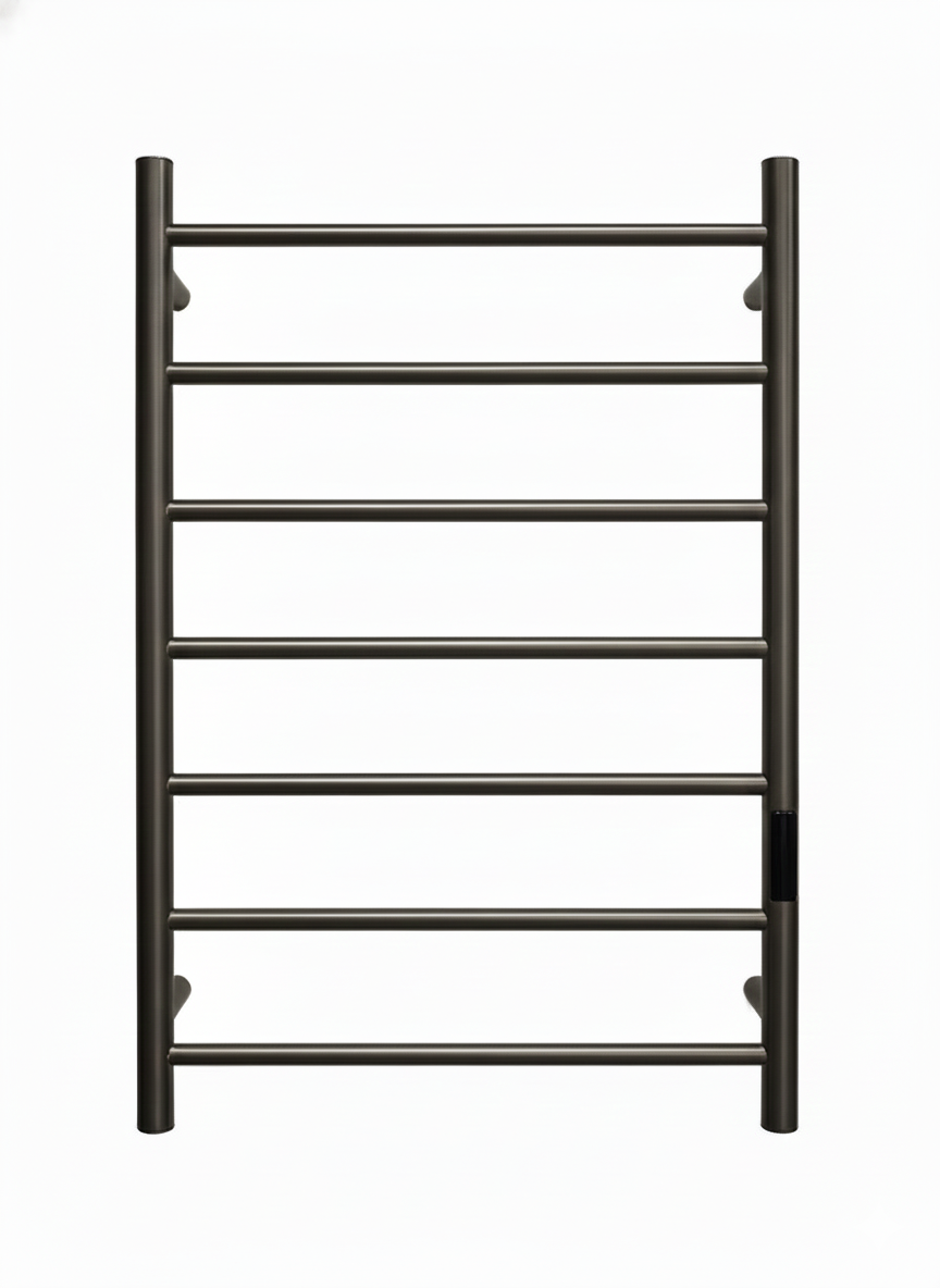 Wall-mounted 7-bar electric heated towel rack in oil-rubbed bronze finish.