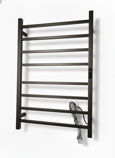 Matte black electric heated towel rack with 10 square bars and built-in digital timer, wall-mounted for bathroom.