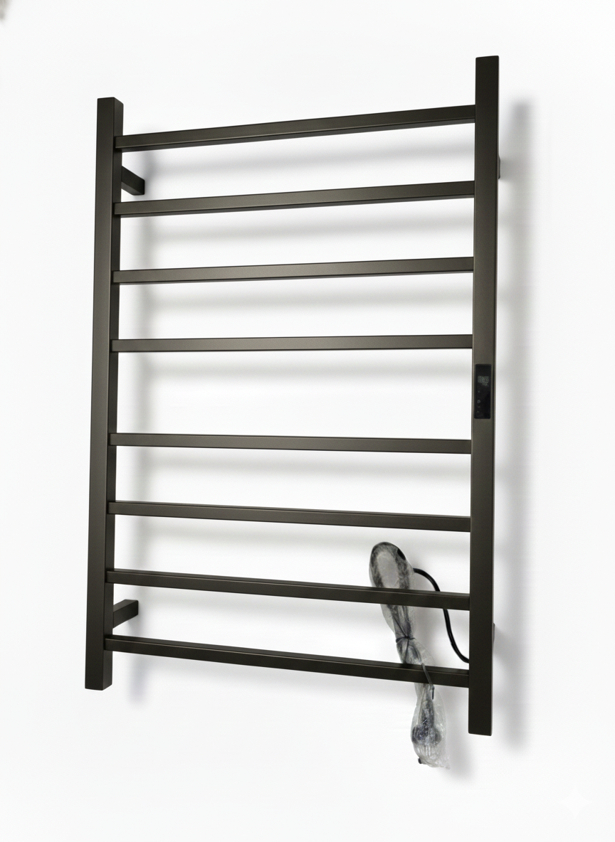 Matte black electric heated towel rack with 10 square bars and built-in digital timer, wall-mounted for bathroom.