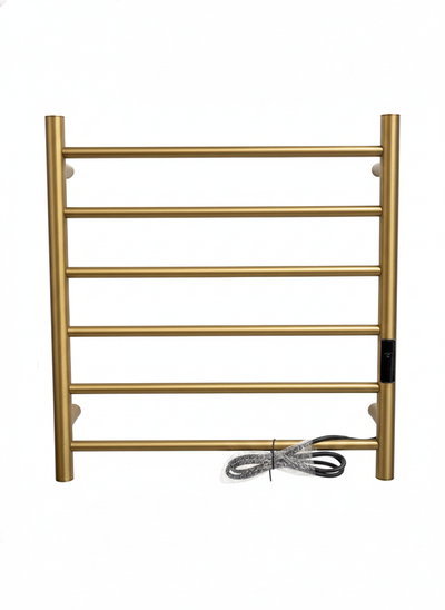 Brushed gold wall-mounted heated towel rack, 6-bar electric bathroom towel warmer with power cord.