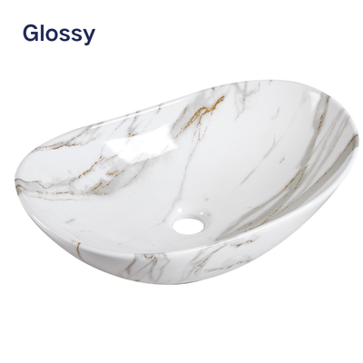 Oval glossy white ceramic vessel sink with elegant gold marble pattern for modern bathrooms.