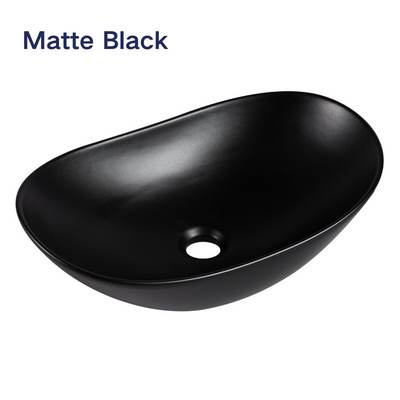 Modern matte black oval vessel bathroom sink, sleek ceramic countertop washbasin.