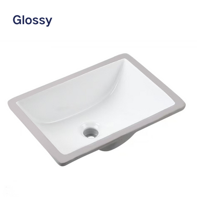 Glossy white rectangular ceramic bathroom sink basin with center drain by Bistone Builders Warehouse.