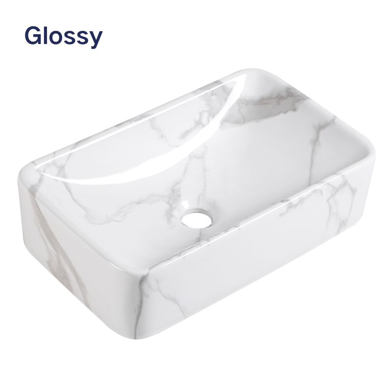 Glossy white marble rectangular ceramic vessel sink for modern bathroom vanity.