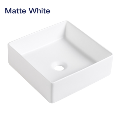 Matte white square vessel bathroom sink, modern countertop ceramic washbasin.