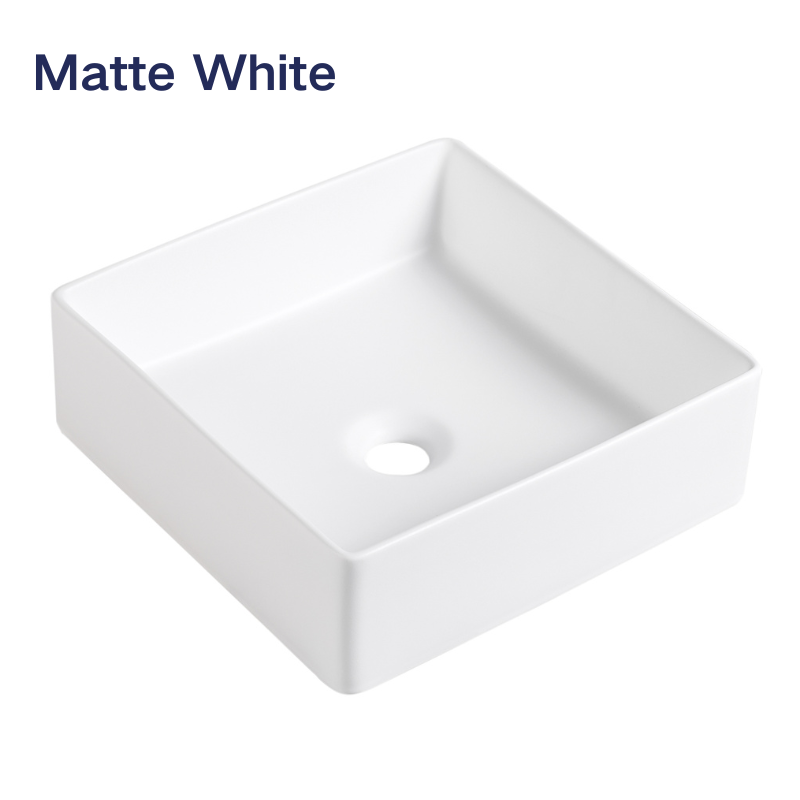Matte white square vessel bathroom sink, modern countertop ceramic washbasin.