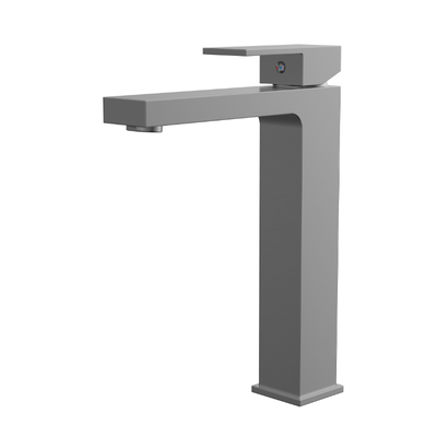 Modern matte grey tall vessel bathroom sink faucet with single-handle rectangular design.