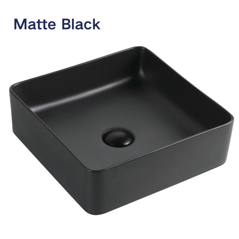 Modern square matte black ceramic vessel sink for bathroom vanity, above-counter basin design.