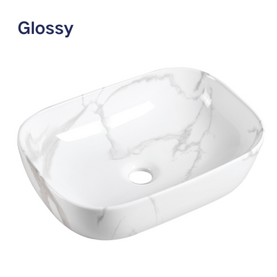 Glossy white marble rectangular vessel sink, modern ceramic bathroom basin with grey veining for countertop.