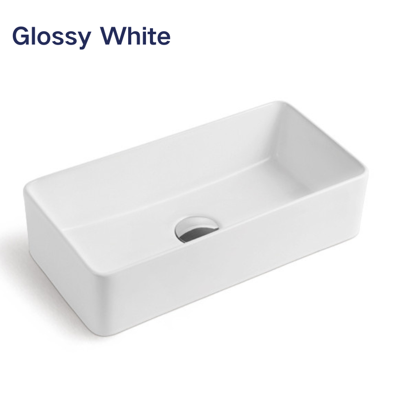 Rectangular glossy white vessel bathroom sink with rounded edges and center drain.