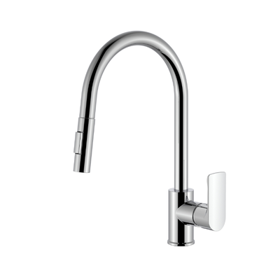 Modern chrome gooseneck kitchen faucet with pull-down sprayer and single lever handle.
